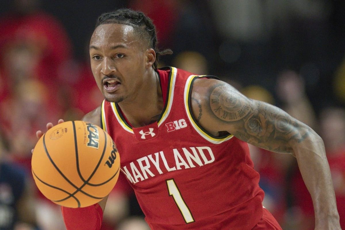 Dec 6, 2023; College Park, Maryland, USA;  Maryland Terrapins guard Jahmir Young (1) dribble sup the court during the second half against the Penn State Nittany Lions at Xfinity Center.