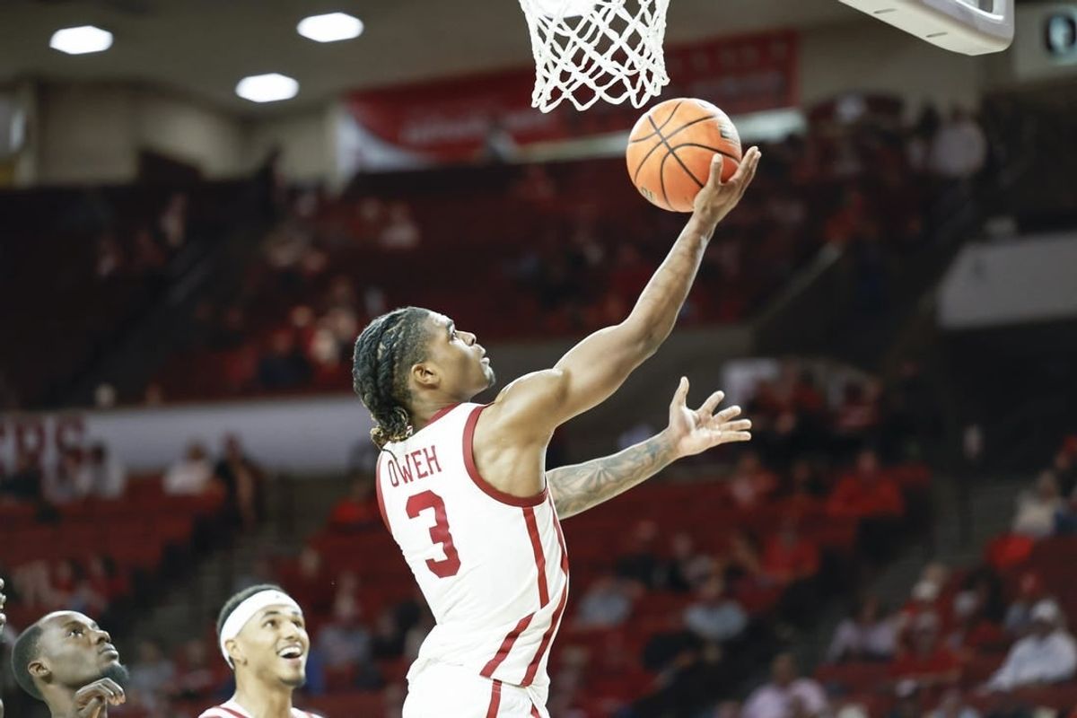 Nov 10, 2023; Norman, Oklahoma, USA; Oklahoma Sooners guard Otega Oweh (3) shoots against the Mississippi Valley State Delta Devils during the second half at Lloyd Noble Center.