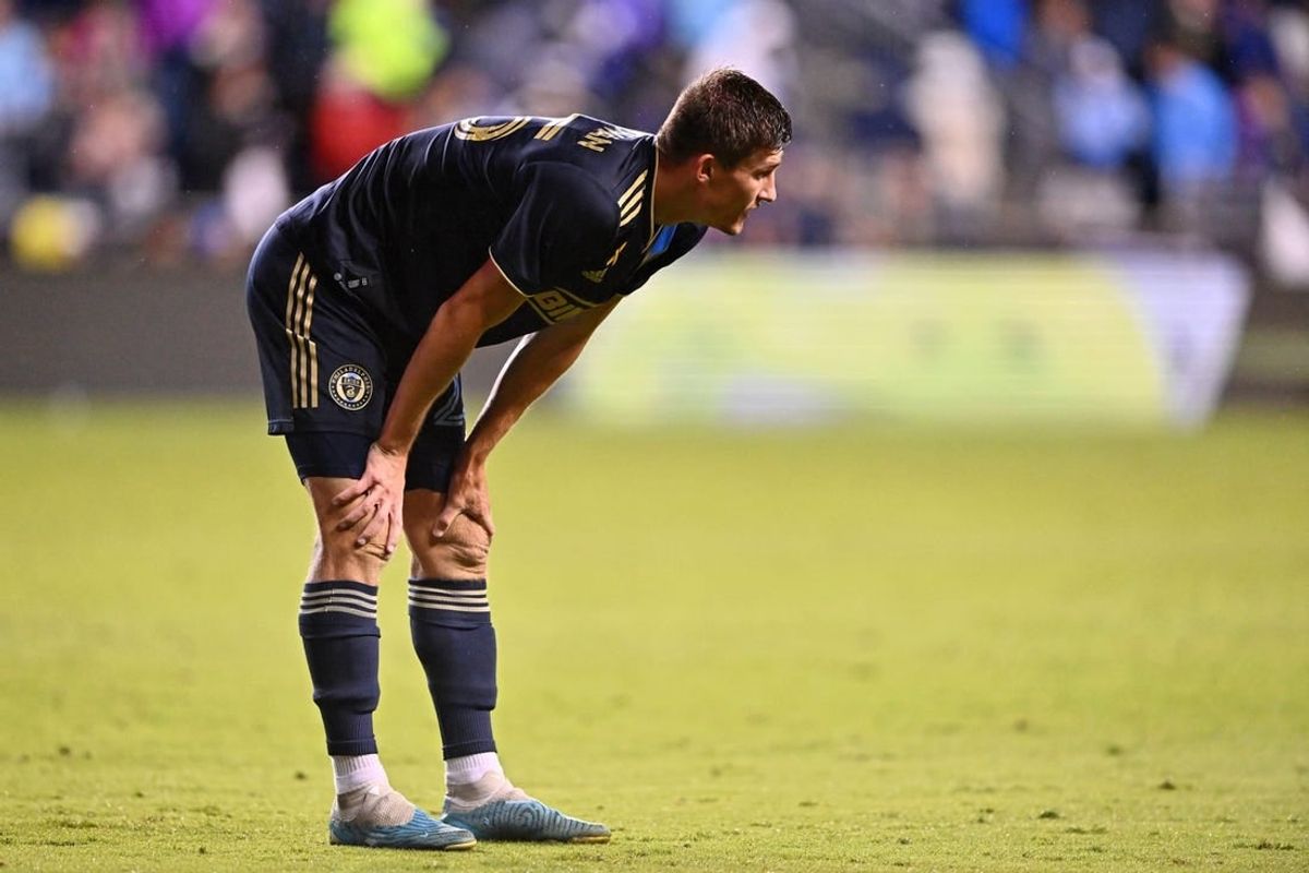 Sep 23, 2023; Philadelphia, Pennsylvania, USA; Philadelphia Union forward Chris Donovan (25) rests on his knees after a play against Los Angeles FC during the second half at Subaru Park.