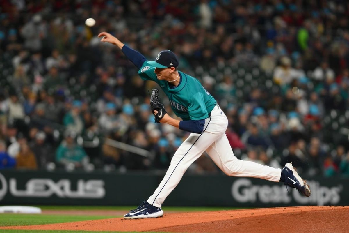 Apr 27, 2024; Seattle, Washington, USA; Seattle Mariners starting pitcher George Kirby (68) pitches to the Arizona Diamondbacks during the first inning at T-Mobile Park.