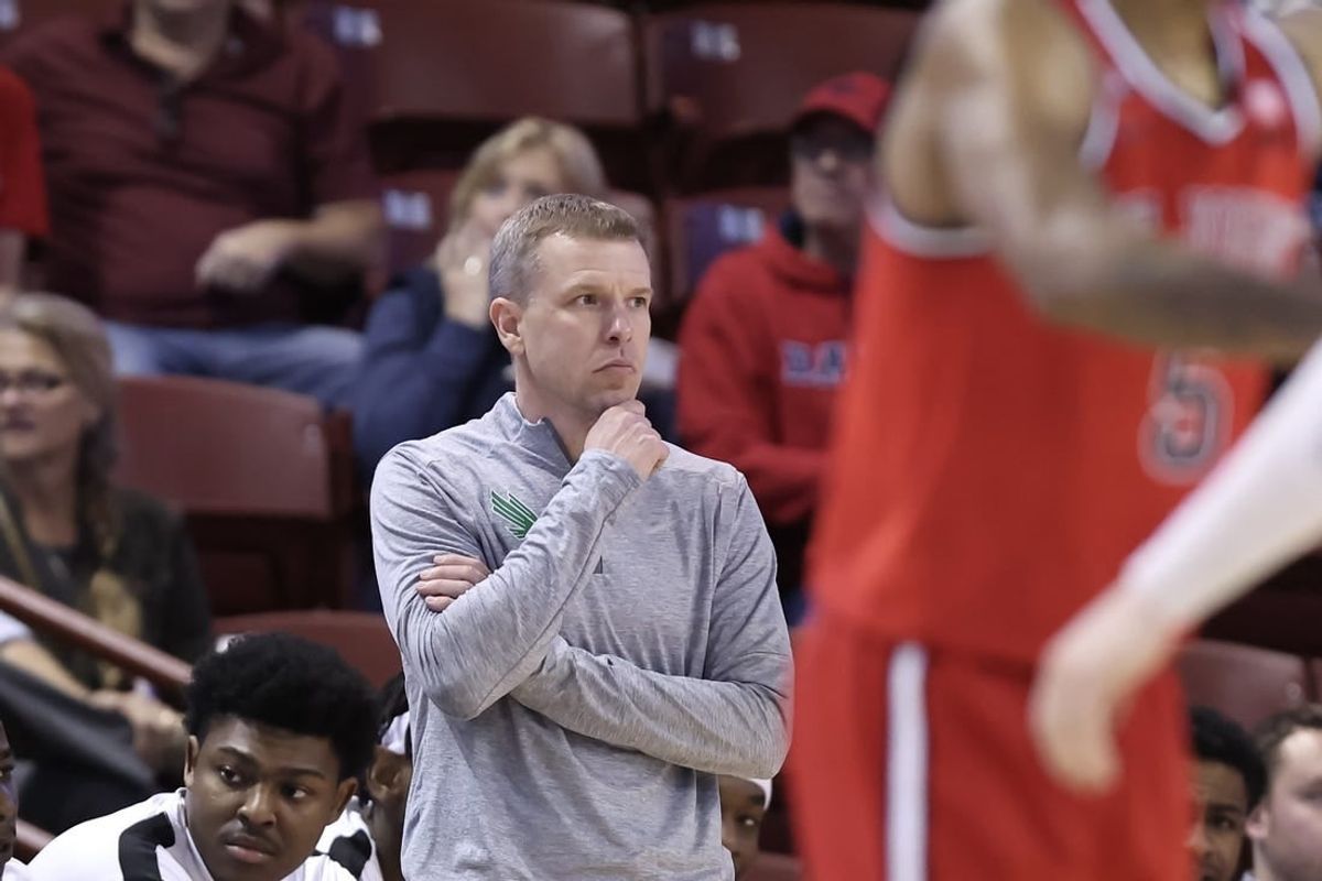 Nov 16, 2023; Charleston, South Carolina, USA; North Texas Mean Green head coach Ross Hodge on the side line in the second half against the St. John's Red Storm at TD Arena.
