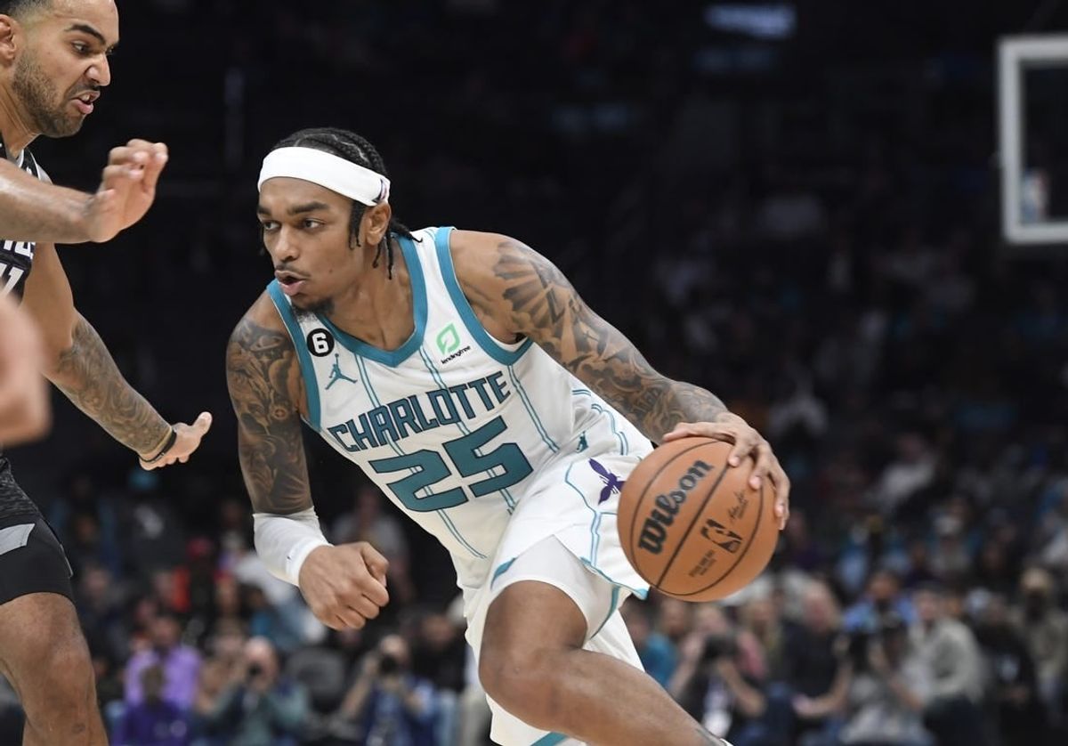 Oct 31, 2022; Charlotte, North Carolina, USA; Charlotte Hornets forward center PJ Washington (25) dribbles the ball during the second half against the Sacramento Kings at the Spectrum Center.