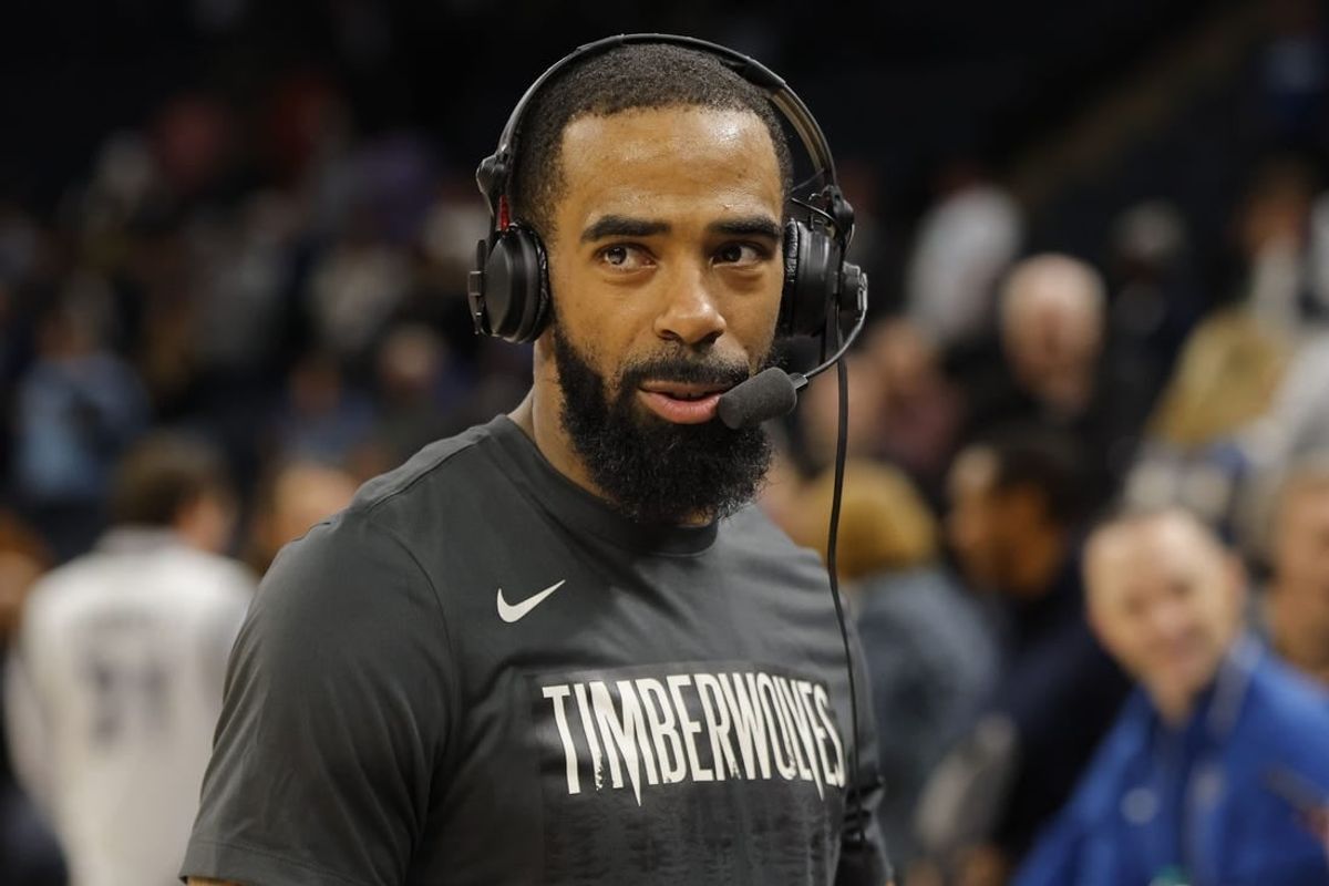Jan 31, 2024; Minneapolis, Minnesota, USA; Minnesota Timberwolves guard Mike Conley (10) takes part in an interview after defeating the Dallas Mavericks at Target Center.