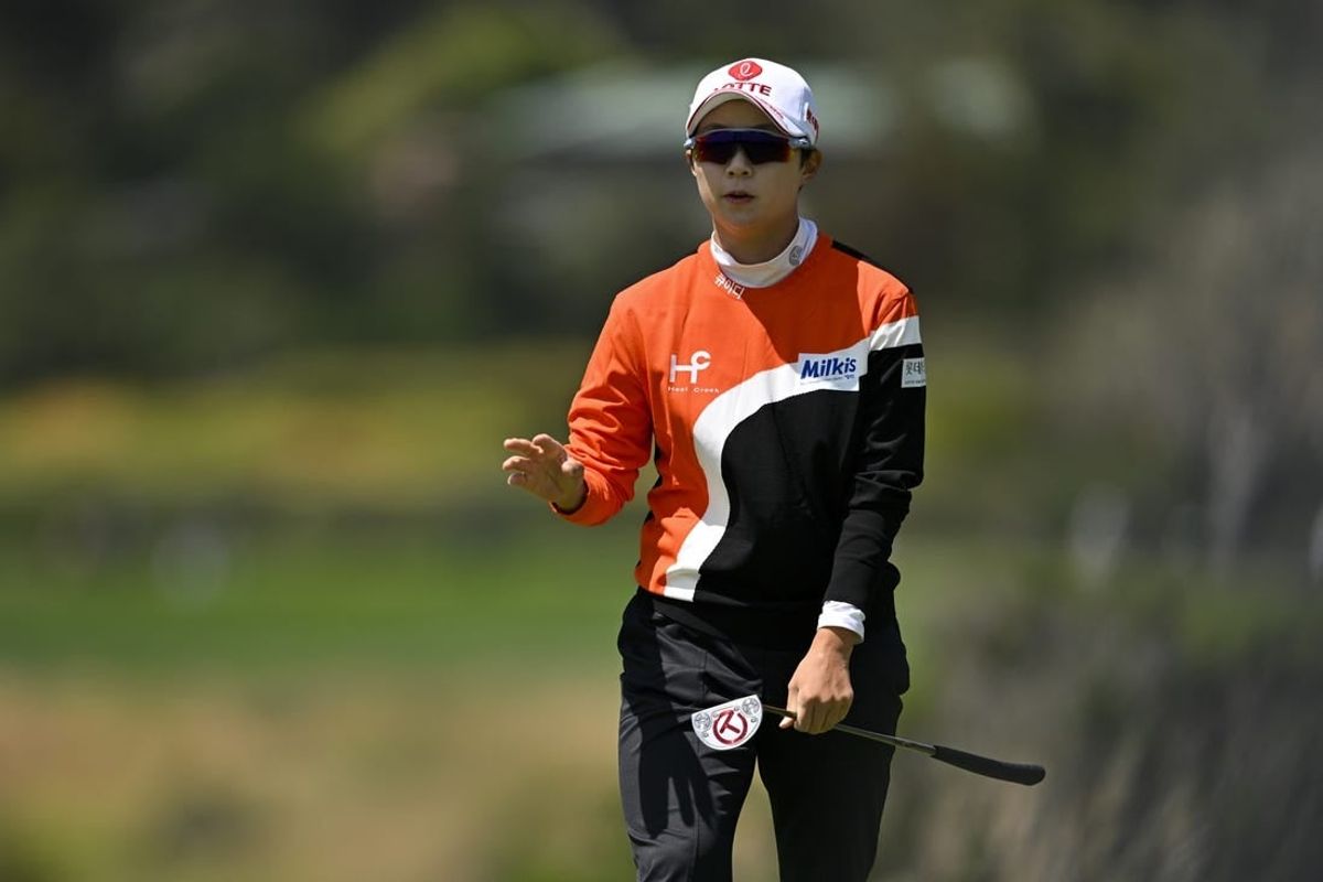 Jul 8, 2023; Pebble Beach, California, USA; Hyo Joo Kim reacts after her putt on the fifth hole during the third round of the U.S. Women's Open golf tournament at Pebble Beach Golf Links.