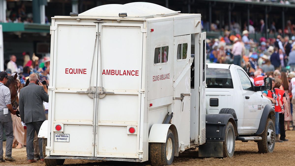 Here Mi Song is driven off in an  equine ambulance after racing in the tenth race ahead of the 149th running of the Kentucky Derby.