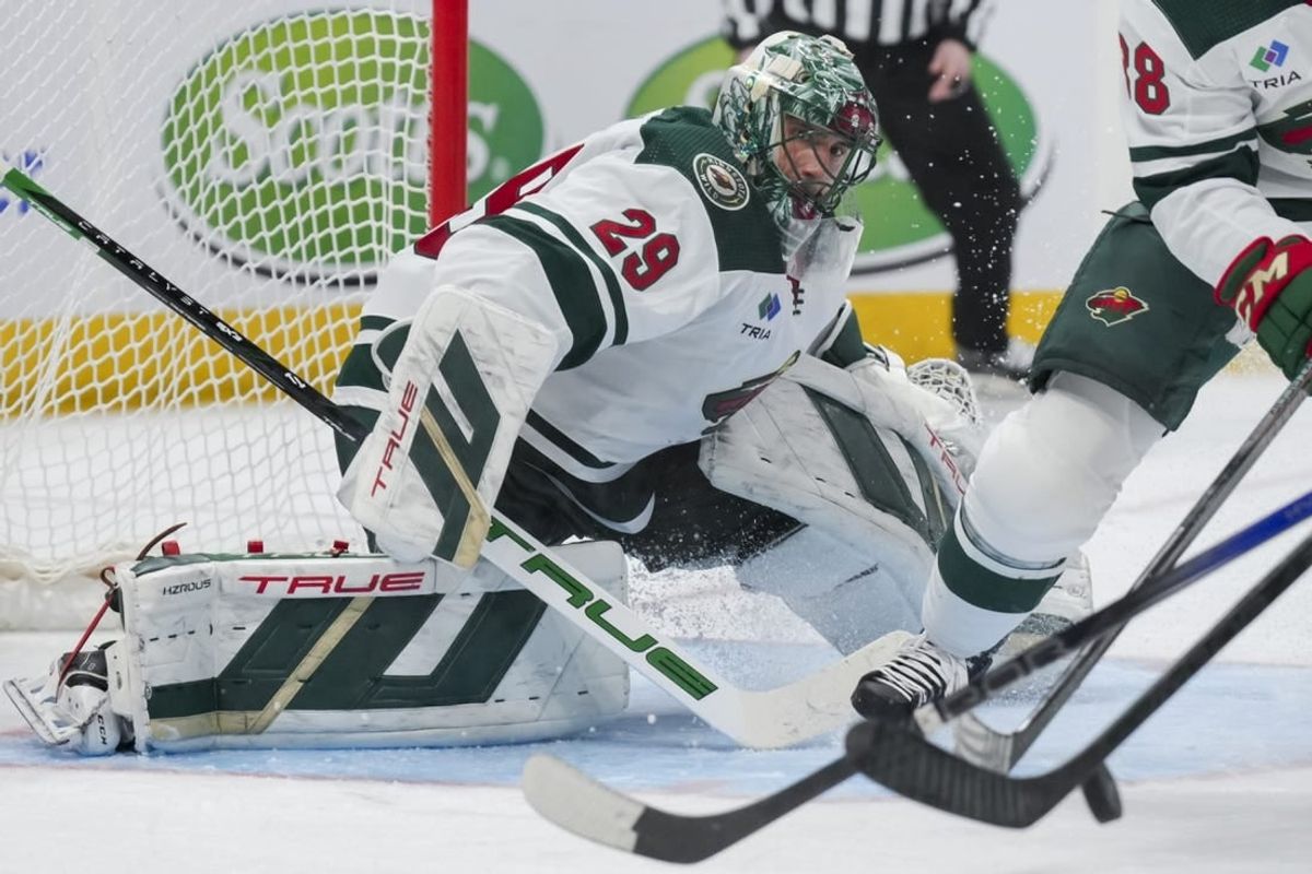 Jan 6, 2024; Columbus, Ohio, USA;  Minnesota Wild goaltender Marc-Andre Fleury (29) follows the puck in play against the Columbus Blue Jackets in the third period at Nationwide Arena.