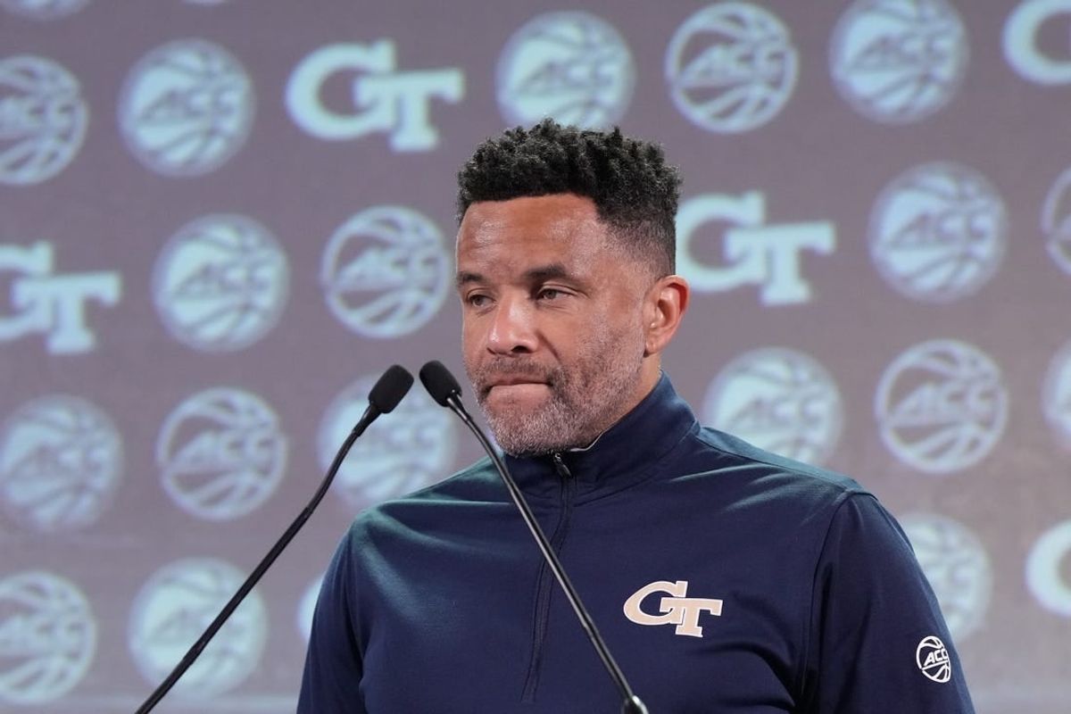 Oct 25, 2023; Charlotte, NC, USA;  Georgia Tech coach Damon Stoudamire speaks to the media during the ACC Tipoff at Hilton Charlotte Uptown.