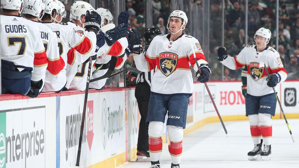 Mason Marchment celebrates one of his three goals on Friday night.