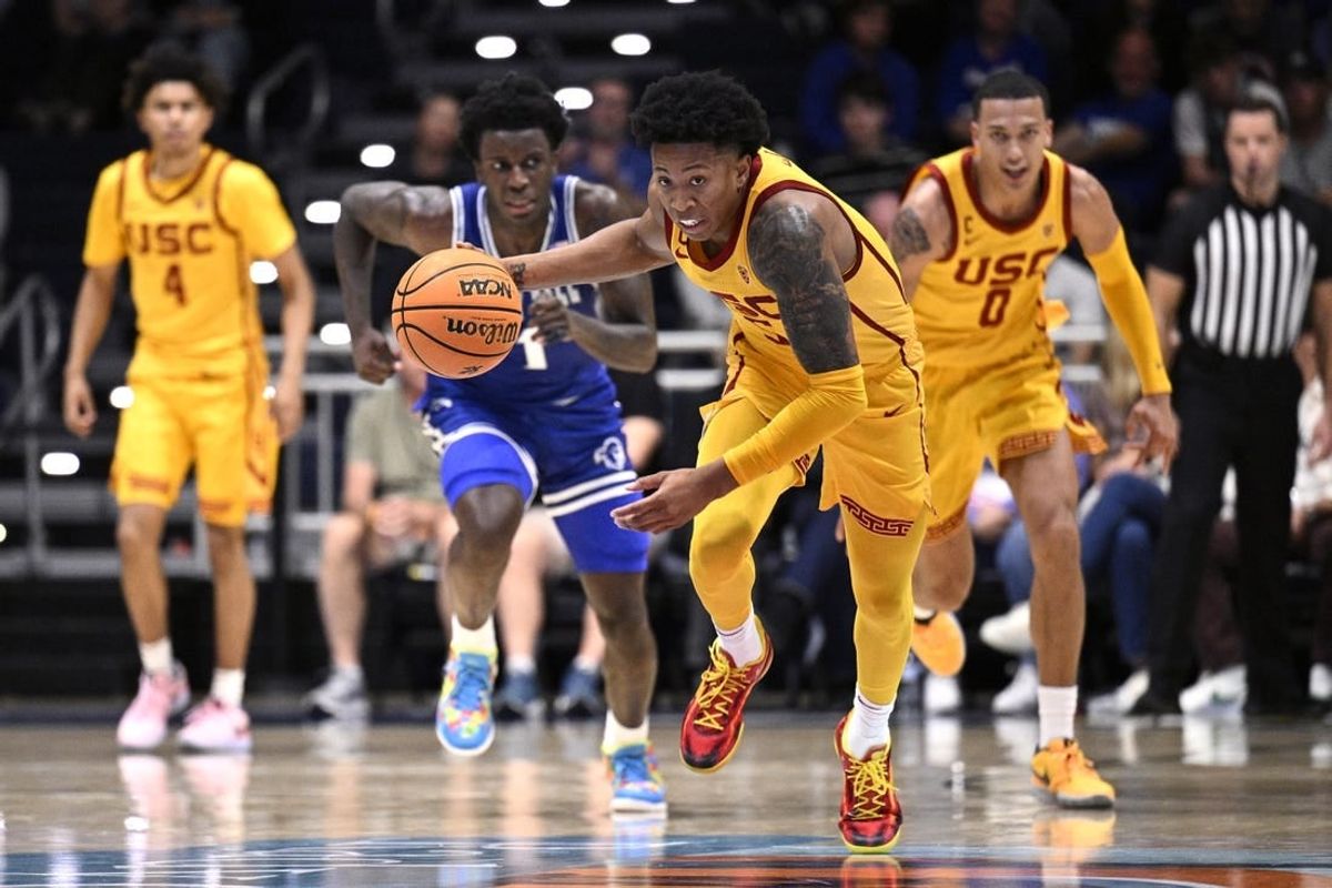 Nov 23, 2023; La Jolla, California, USA; USC Trojans guard Boogie Ellis (5) grabs a loose ball during the first half against the Seton Hall Pirates at LionTree Arena.