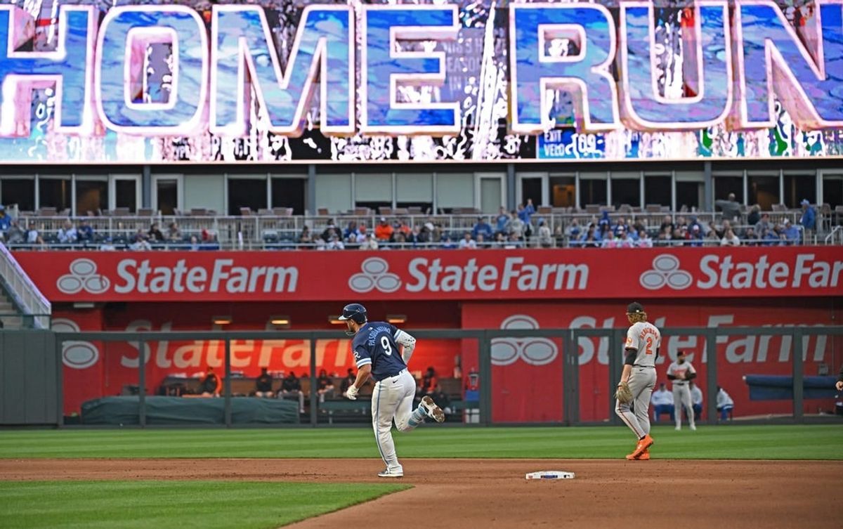 Apr 19, 2024; Kansas City, Missouri, USA; Kansas City Royals first baseman Vinnie Pasquantino (9) rounds the bases after hitting a solo home run in the fourth inning against the Baltimore Orioles at Kauffman Stadium.