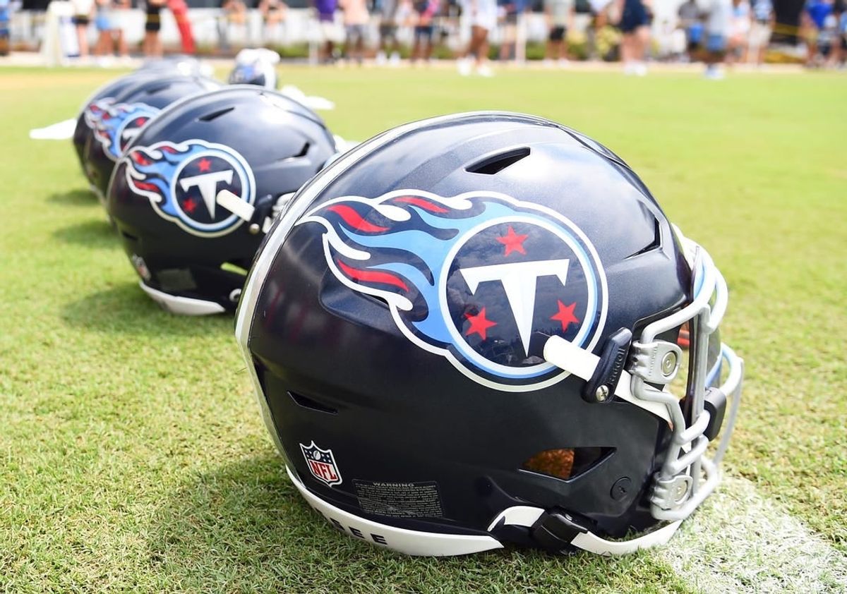 Jul 29, 2023; Nashville, TN, USA; View of helmets on the field as Tennessee Titans players finish training camp practice.