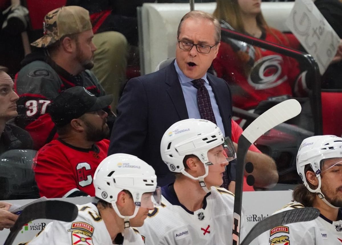 Feb 22, 2024; Raleigh, North Carolina, USA; Florida Panthers head coach Paul Maurice reacts from behind the bench during the second period against the Carolina Hurricanes at PNC Arena.