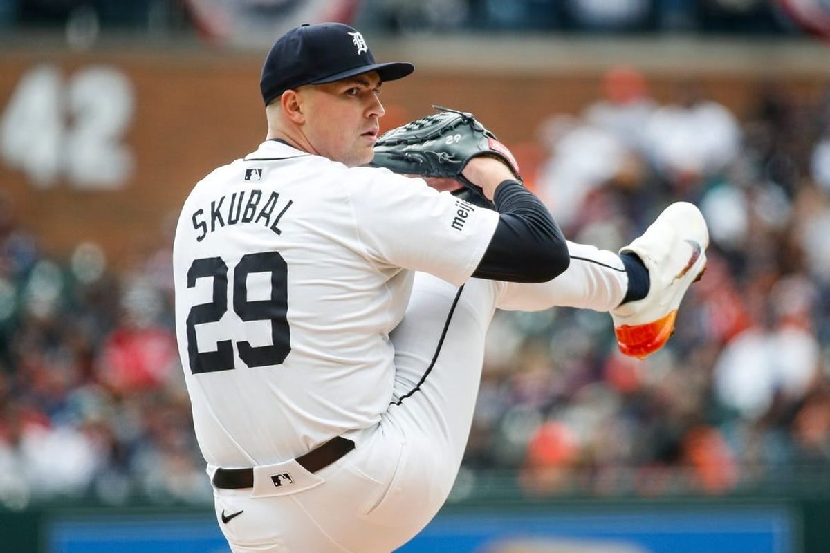 Detroit Tigers pitcher Tarik Skubal (29) throws against Oakland Athletics during the fourth inning of the home opening day at Comerica Park in Detroit on Friday, April 5, 2024.