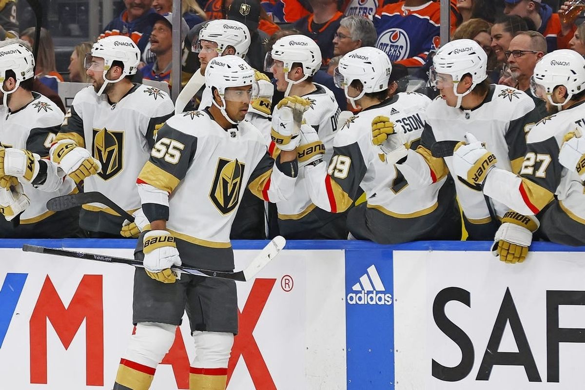 Apr 10, 2024; Edmonton, Alberta, CAN; The Vegas Golden Knights celebrate a goal by forward Keegan Kolesar (55) during the third period against the Edmonton Oilers at Rogers Place.