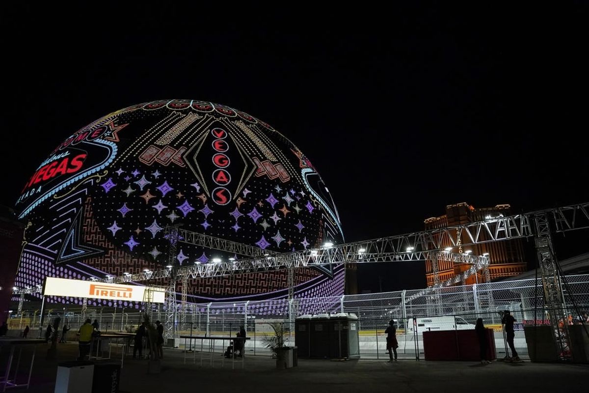 Nov 16, 2023; Las Vegas, Nevada, USA; The MSG Sphere is observed prior to the start of the first at Formula 1 Heineken Silver Las Vegas Grand Prix practice at the Las Vegas Strip Circuit.