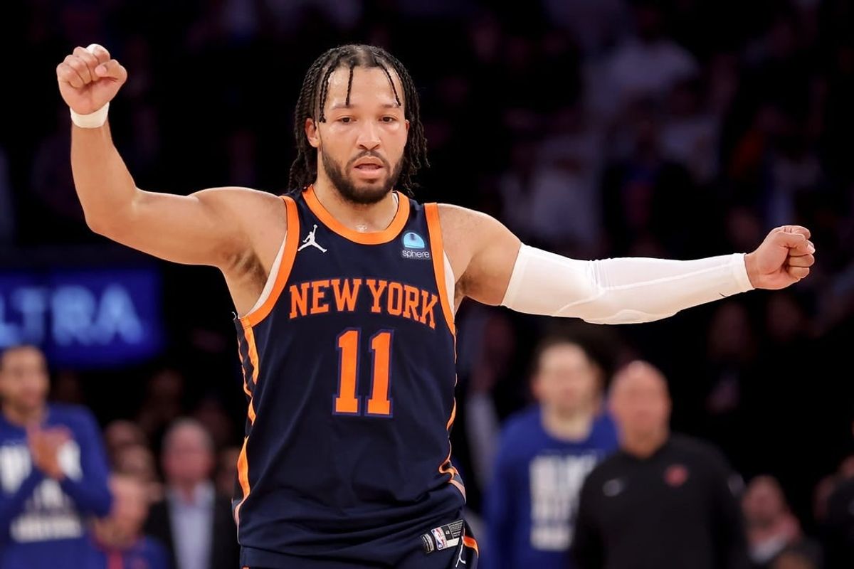 Feb 26, 2024; New York, New York, USA; New York Knicks guard Jalen Brunson (11) reacts during the fourth quarter against the Detroit Pistons at Madison Square Garden.
