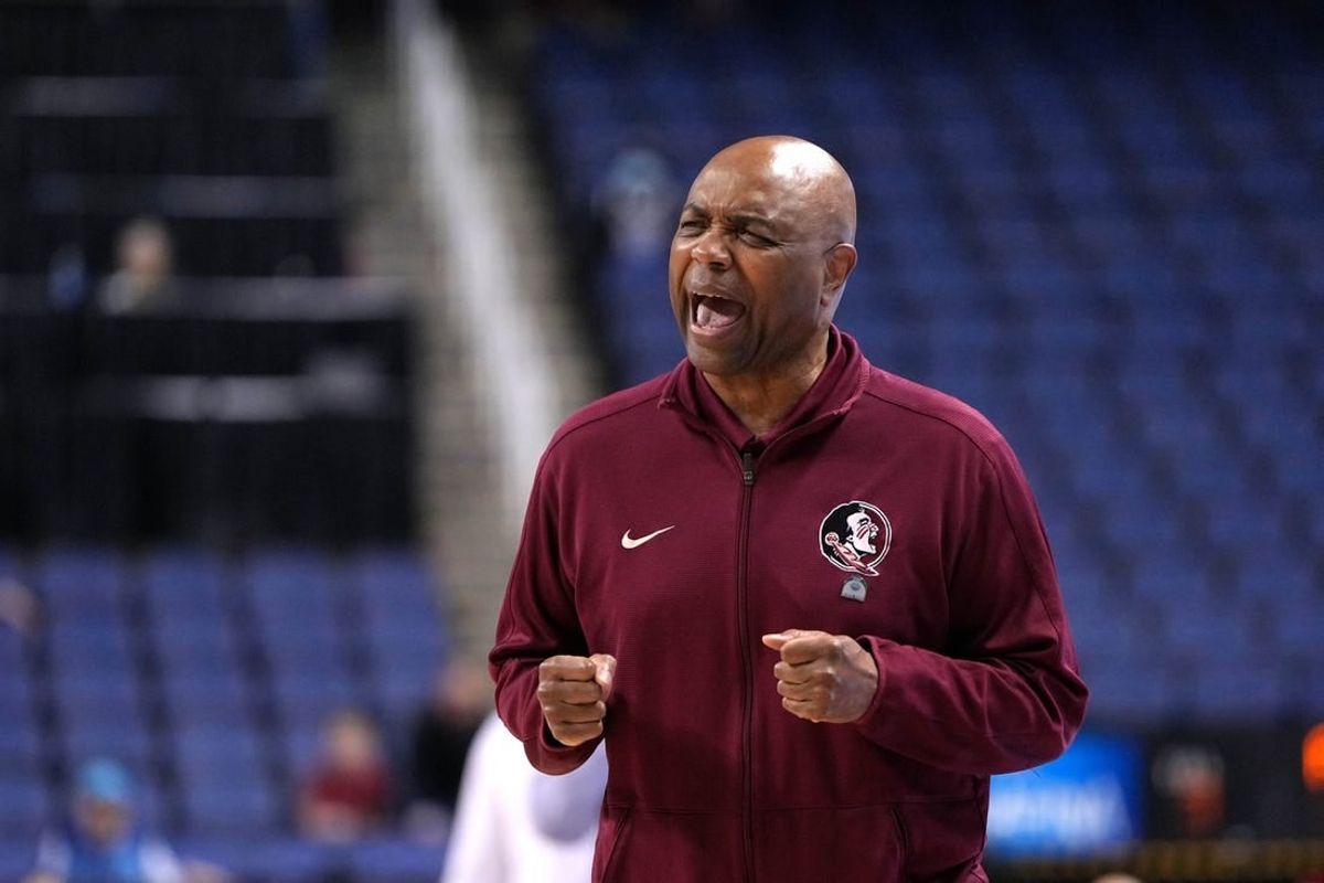 Mar 7, 2023; Greensboro, NC, USA; Florida State Seminoles head coach Leonard Hamilton reacts in the second half of the first round of the ACC Tournament at Greensboro Coliseum.