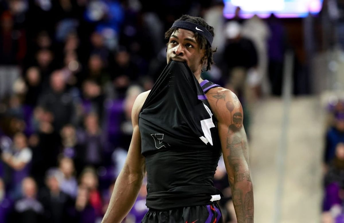 Jan 20, 2024; Fort Worth, Texas, USA;  TCU Horned Frogs forward Emanuel Miller (2) reacts after the game against the Iowa State Cyclones at Ed and Rae Schollmaier Arena.