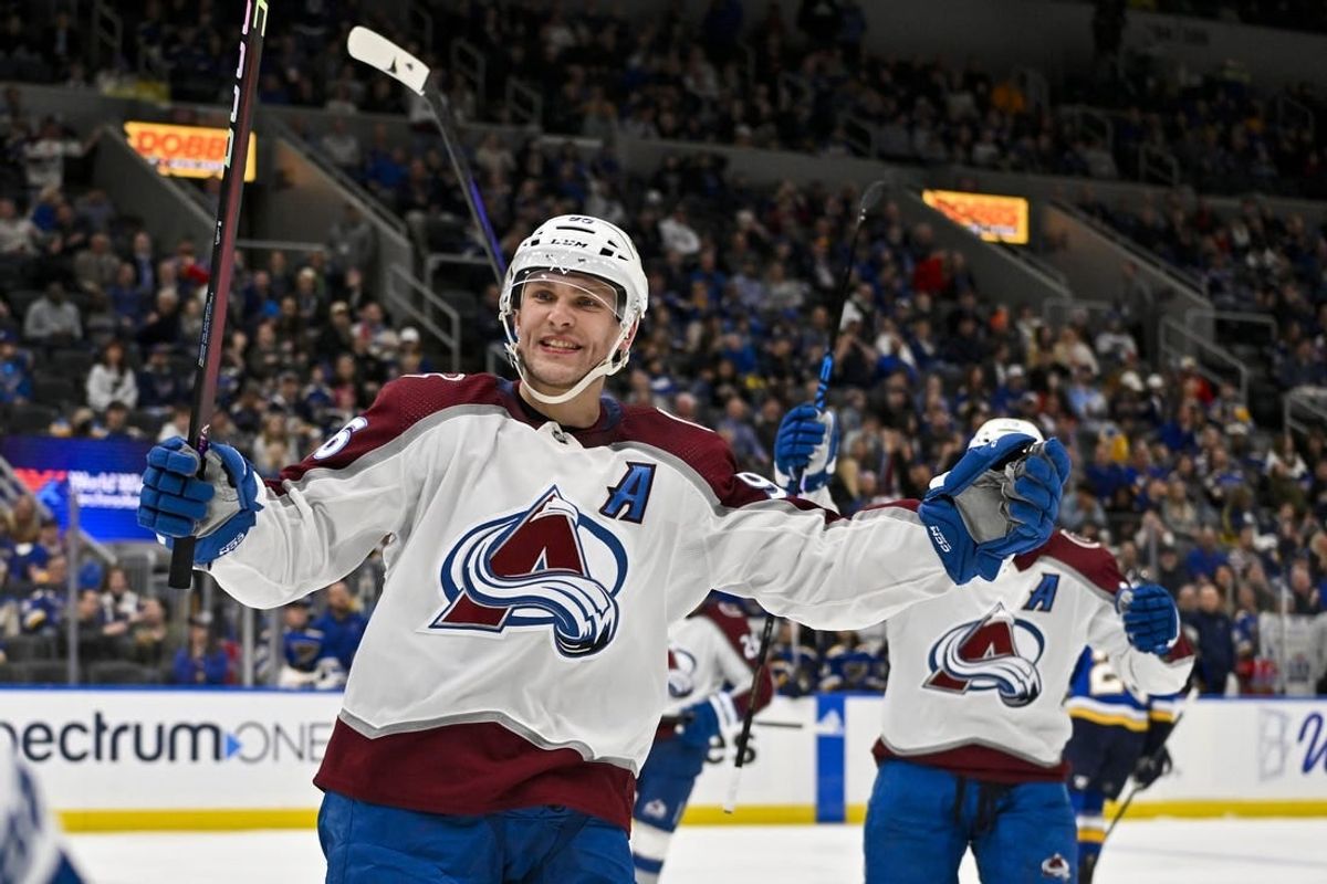 Mar 19, 2024; St. Louis, Missouri, USA;  Colorado Avalanche right wing Mikko Rantanen (96) reacts after scouring his third goal of the game for a hat trick against the St. Louis Blues during the third period at Enterprise Center.