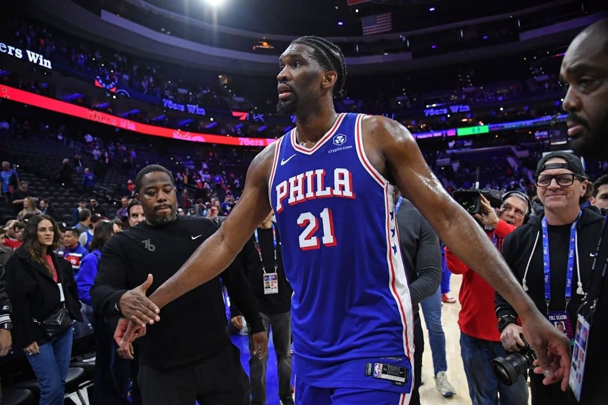 Apr 2, 2024; Philadelphia, Pennsylvania, USA; Philadelphia 76ers center Joel Embiid (21) walks off the court after win against the Oklahoma City Thunder at Wells Fargo Center.