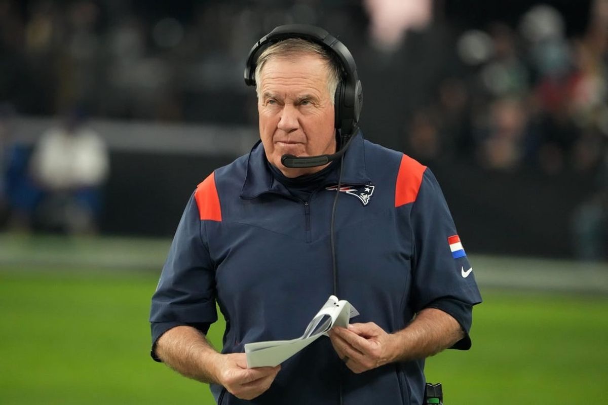 Dec 18, 2022; Paradise, Nevada, USA; iNew England Patriots head coach Bill Belichick reacts in the second half against the Las Vegas Raiders at Allegiant Stadium. The Raiders defeated the Patriots 30-24.