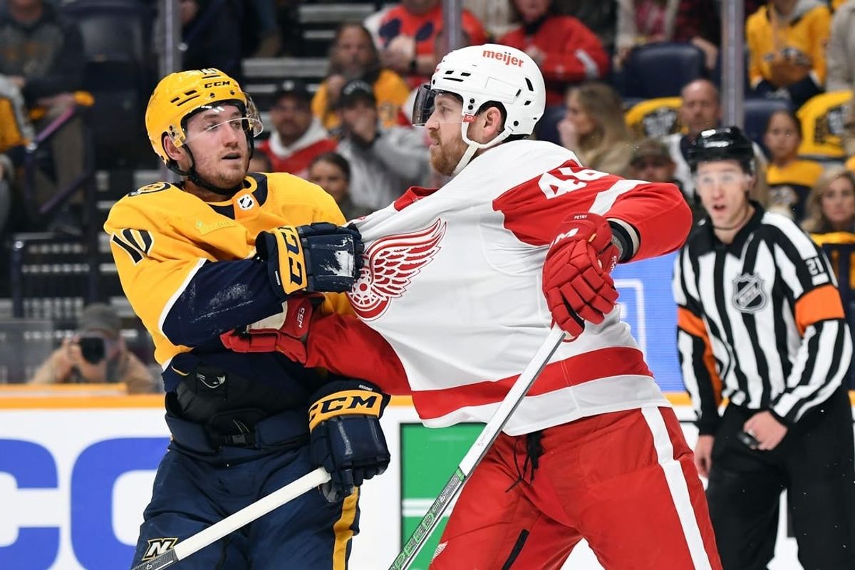 Mar 23, 2024; Nashville, Tennessee, USA; Nashville Predators center Colton Sissons (10) and Detroit Red Wings defenseman Jeff Petry (46) exchange words after a hit during the first period at Bridgestone Arena.