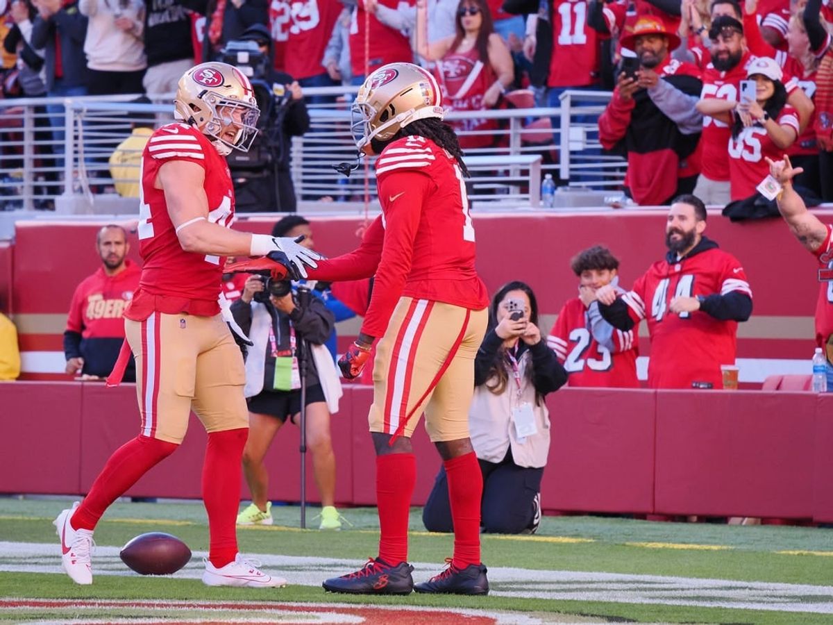 Nov 19, 2023; Santa Clara, California, USA; San Francisco 49ers wide receiver Brandon Aiyuk (11) celebrates with fullback Kyle Juszczyk (44) after scoring a 76-yard touchdown against the Tampa Bay Buccaneers during the third quarter at Levi's Stadium.