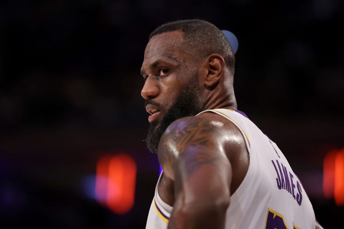 Feb 3, 2024; New York, New York, USA; Los Angeles Lakers forward LeBron James (23) during the fourth quarter against the New York Knicks at Madison Square Garden.