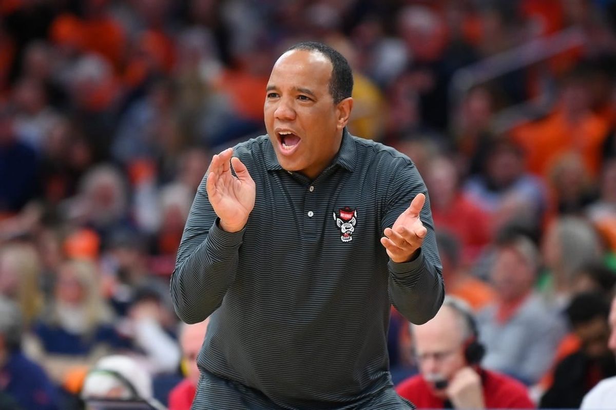 Feb 14, 2023; Syracuse, New York, USA; North Carolina State Wolfpack head coach Kevin Keatts reacts to a play against the Syracuse Orange during the second half at the JMA Wireless Dome.