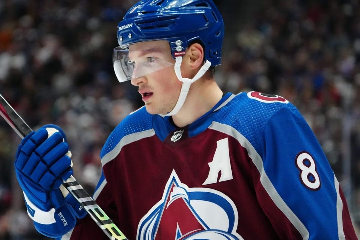 Nov 22, 2023; Denver, Colorado, USA; Colorado Avalanche defenseman Cale Makar (8) during the second period against the Vancouver Canucks at Ball Arena.