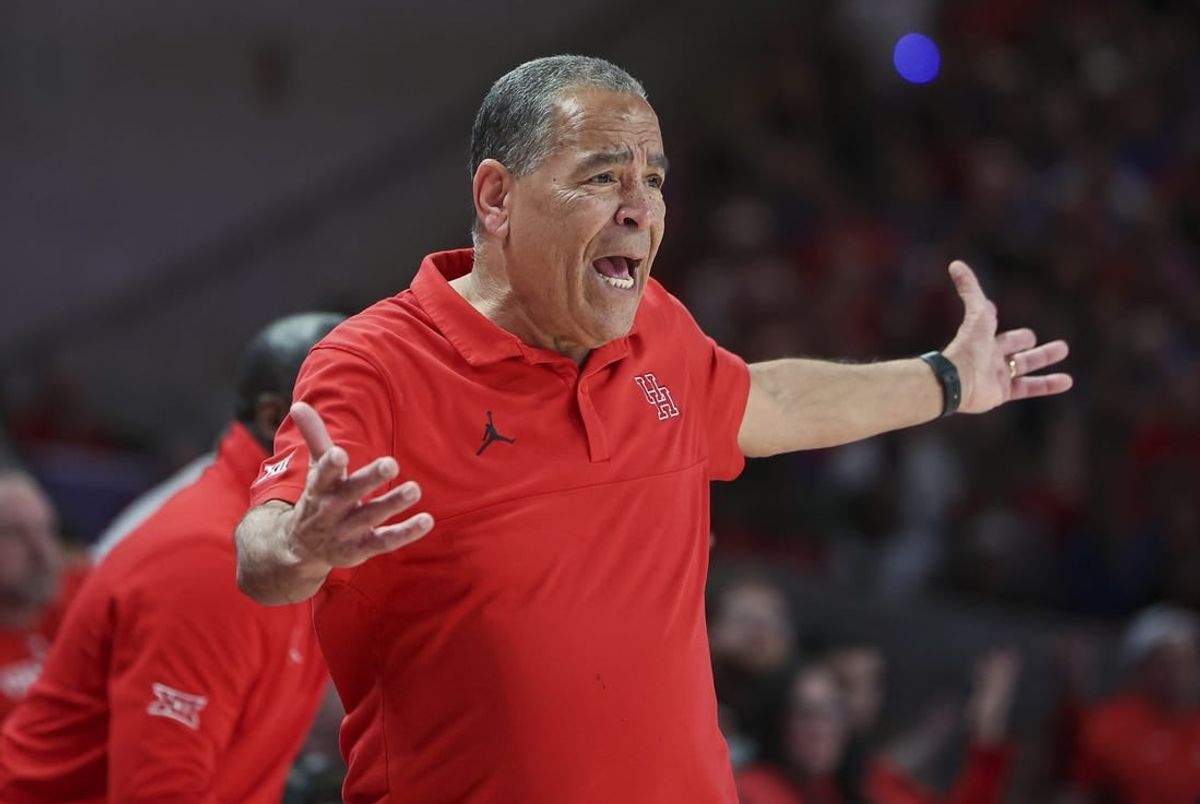 Mar 9, 2024; Houston, Texas, USA; Houston Cougars head coach Kelvin Sampson reacts during the first half against the Kansas Jayhawks at Fertitta Center.