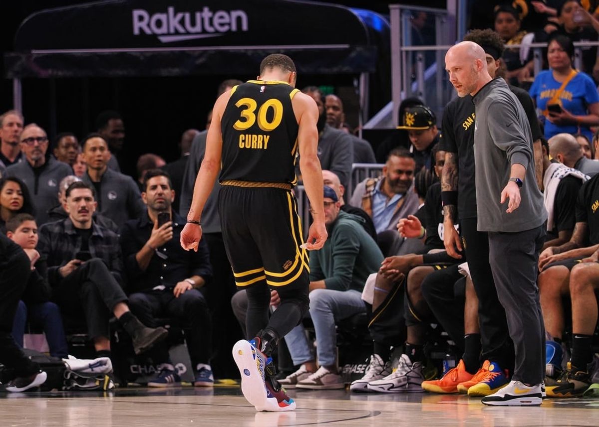 Mar 7, 2024; San Francisco, California, USA; Golden State Warriors guard Stephen Curry (30) limps off the court after a play against the Chicago Bulls during the fourth quarter at Chase Center.