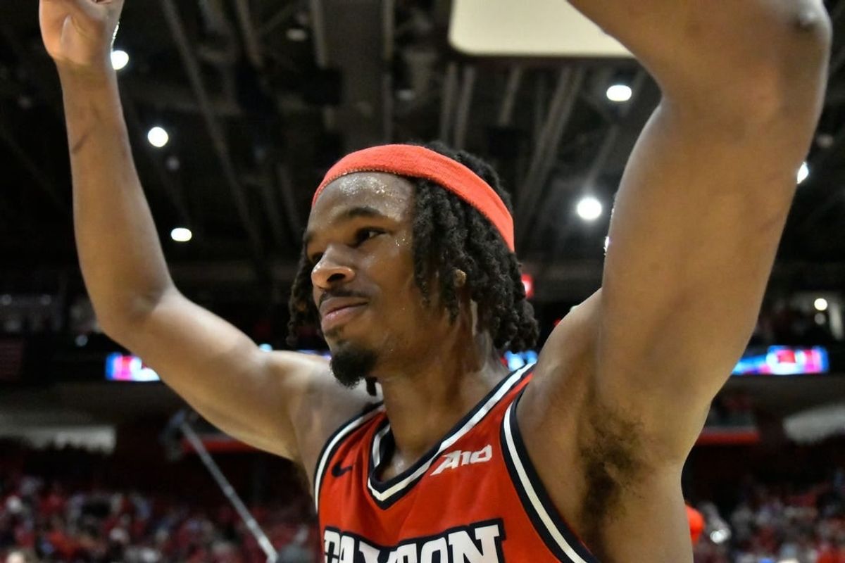 Mar 8, 2024; Dayton, Ohio, USA;  Dayton Flyers forward DaRon Holmes II (15) celebrates after defeating the Virginia Commonwealth Rams in overtime at University of Dayton Arena.
