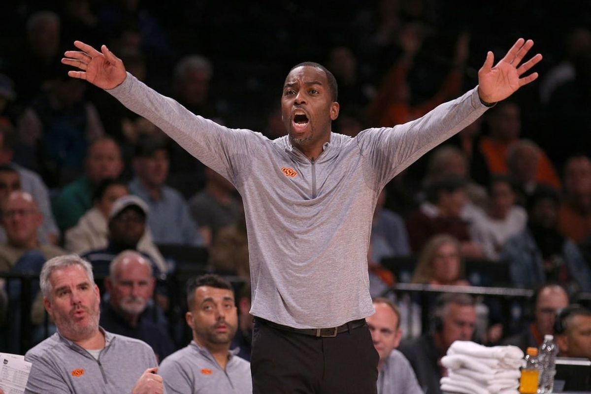 Nov 17, 2023; Brookyln, NY, USA; Oklahoma State Cowboys head coach Mike Boynton coaches against the Notre Dame Fighting Irish during the second half at Barclays Center.