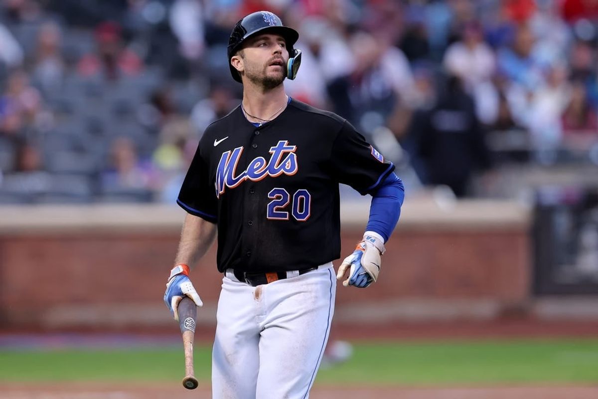 Sep 30, 2023; New York City, New York, USA; New York Mets first baseman Pete Alonso (20) reacts after popping out to end the seventh inning at Citi Field.