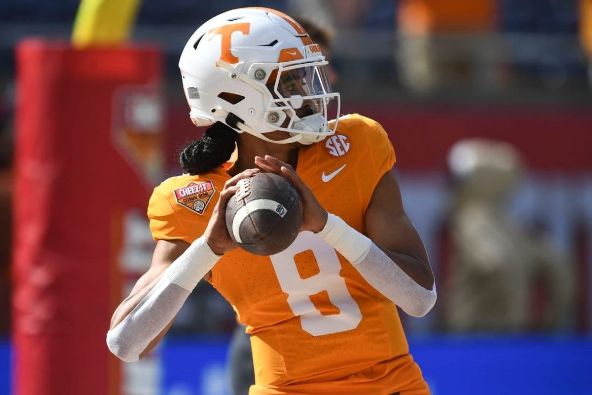 Tennessee quarterback Nico Iamaleava (8) warming up for the Citrus Bowl NCAA College football game on Monday, January 1, 2024 in Orlando, Fla.