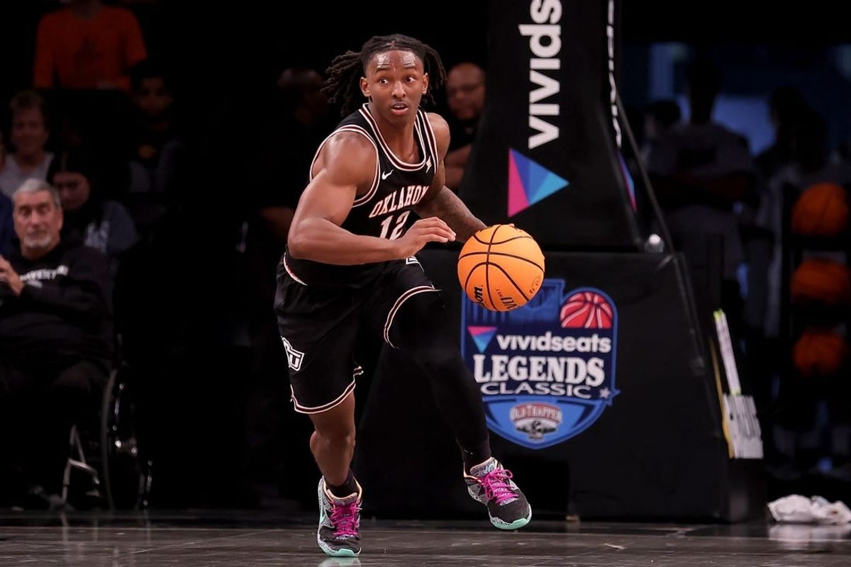 Nov 16, 2023; Brooklyn, New York, USA; Oklahoma State Cowboys guard Javon Small (12) brings the ball up court against the St. Bonaventure Bonnies during the second half at Barclays Center.