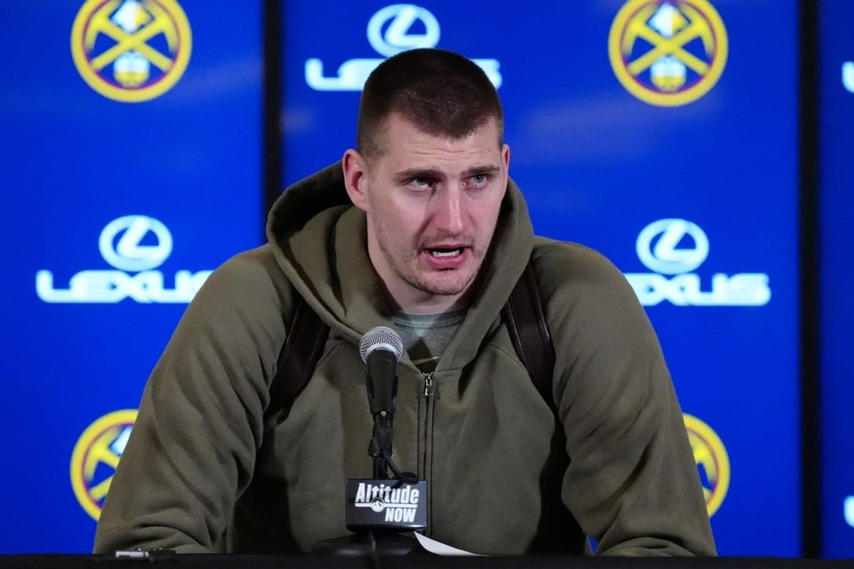 Feb 22, 2024; Denver, Colorado, USA; Denver Nuggets center Nikola Jokic (15) speaks to the media following the win over the Washington Wizards at Ball Arena.