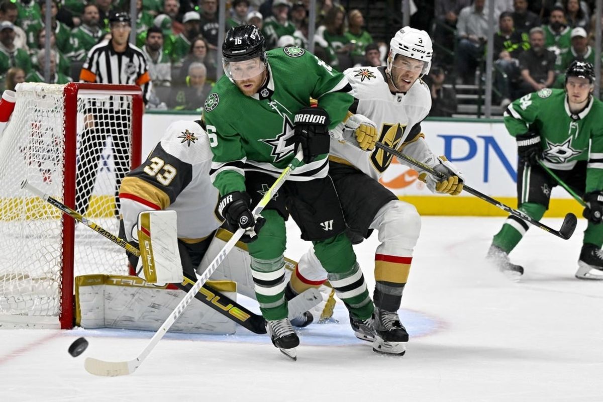 May 1, 2024; Dallas, Texas, USA; Dallas Stars center Joe Pavelski (16) and Vegas Golden Knights defenseman Brayden McNabb (3) chase the puck in the Vegas zone during the second period in game five of the first round of the 2024 Stanley Cup Playoffs at the American Airlines Center.