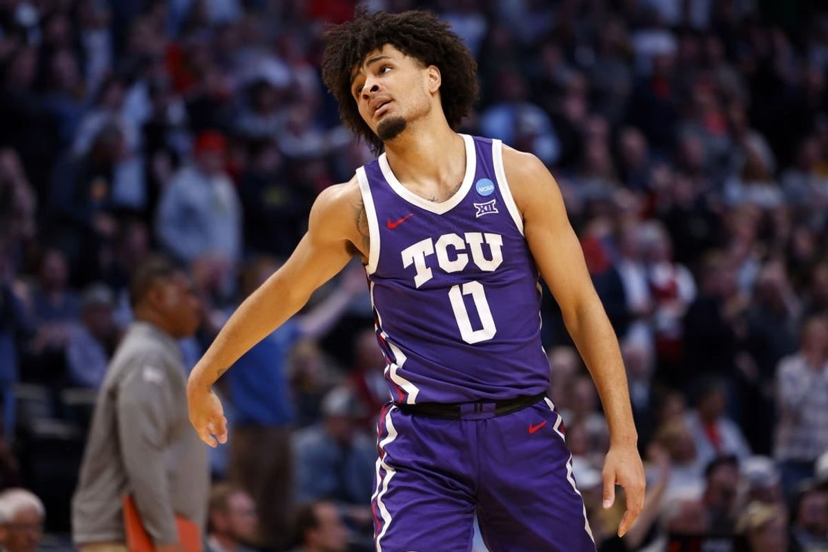 Mar 19, 2023; Denver, CO, USA; TCU Horned Frogs guard Micah Peavy (0) reacts in the second half against the Gonzaga Bulldogs at Ball Arena.