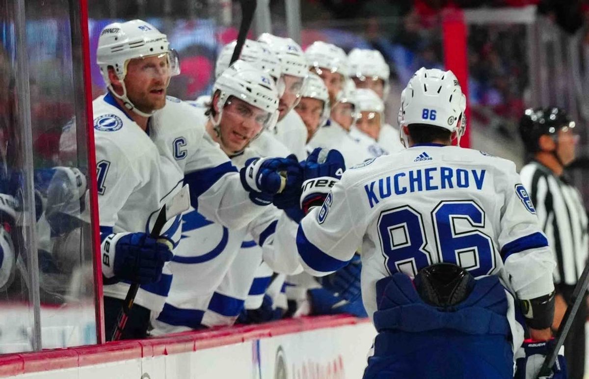 Nov 24, 2023; Raleigh, North Carolina, USA; Tampa Bay Lightning right wing Nikita Kucherov (86) celebrates his goal against the Carolina Hurricanes during the second period at PNC Arena.
