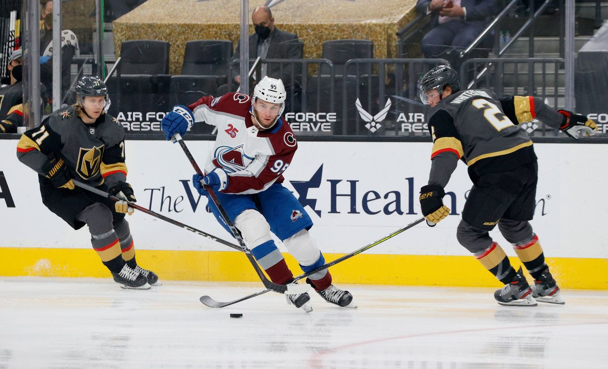 (From l.) William Karlsson, Colorado’s Andre Burakovsky, and Zach Whitecloud.