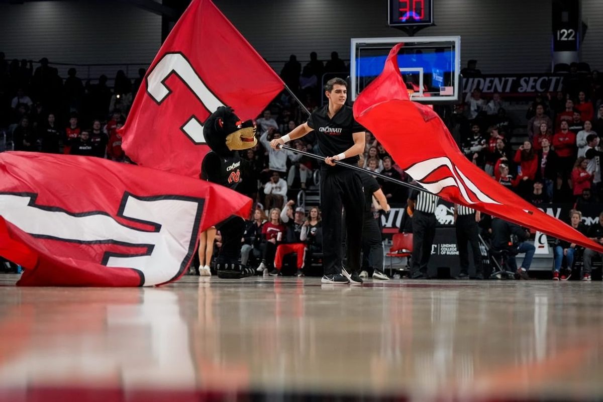 The Cincinnati Bearcats cheerleaders perform during in the second half of the NCAA men   s basketball exhibition game between the Cincinnati Bearcats and the Detroit Mercy Titans at Fifth Third Arena in Cincinnati on Friday, Nov. 10, 2023. The Bearcats won 93-61.