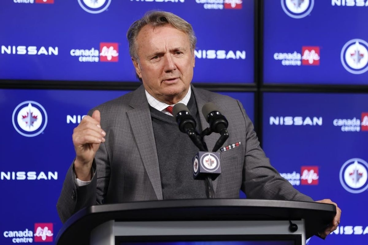 Feb 14, 2024; Winnipeg, Manitoba, CAN; Winnipeg Jets head coach Rick Bowness talks with the media after their win over the San Jose Sharks at Canada Life Centre.