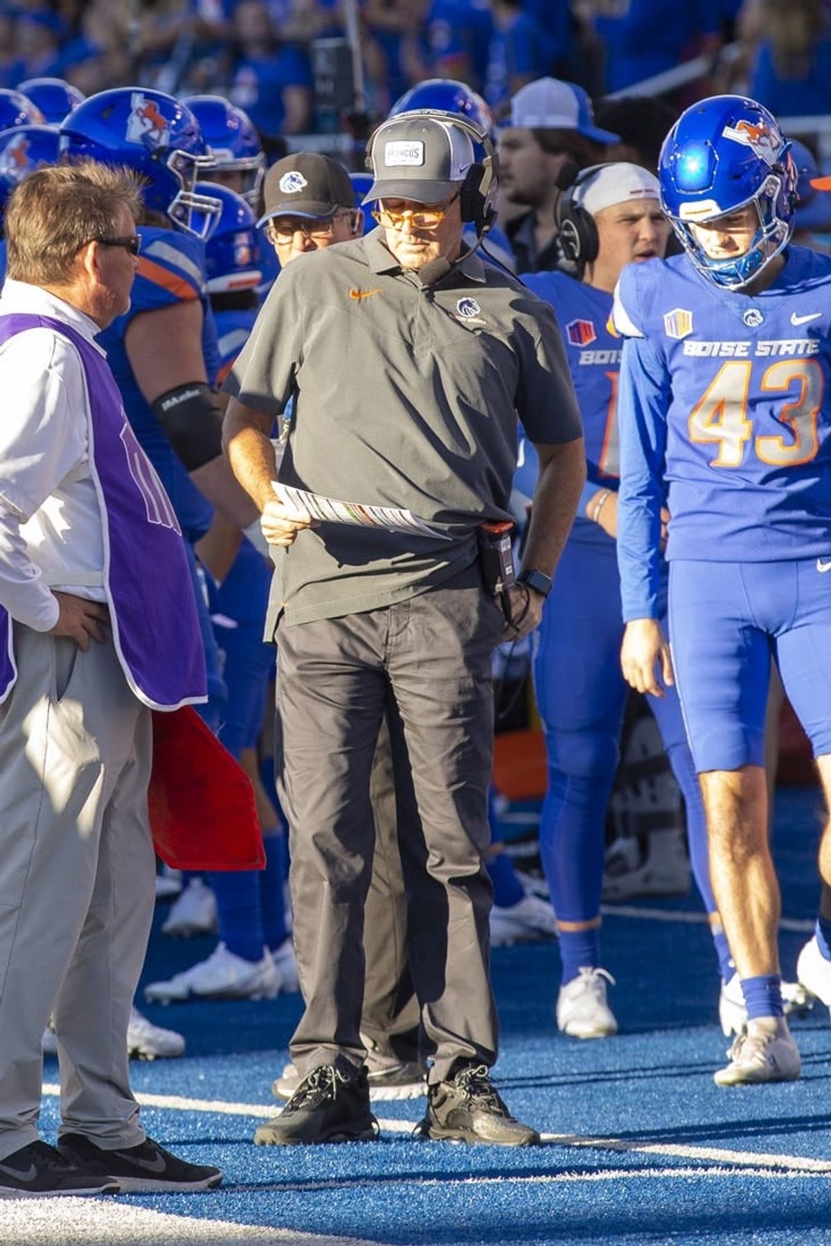 Sep 30, 2022; Boise, Idaho, USA; Former Boise State Broncos head coach and now new offensive coordinator Dirk Koetter on the sidelines during first half action at Albertsons Stadium against the San Diego State Aztecs. Boise State defeats San Diego State 35-13.