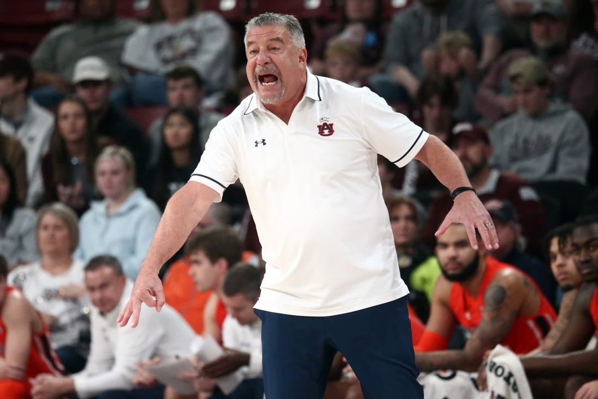 Jan 27, 2024; Starkville, Mississippi, USA; Auburn Tigers head coach Bruce Pearl reacts during the first half against the Mississippi State Bulldogs at Humphrey Coliseum.