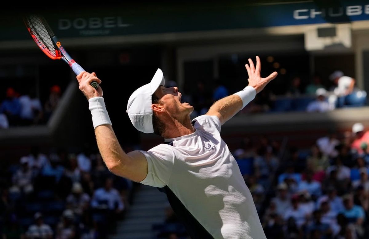 Aug 31, 2023; Flushing, NY, USA; Andy Murray hits to Grigor Dimitrov on day four of the 2023 U.S. Open tennis tournament at USTA Billie Jean King National Tennis Center.