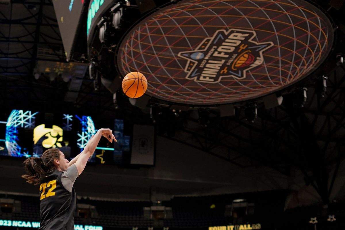 Iowa’s Caitlin Clark shoots during a practice session for an NCAA Women’s Final Four