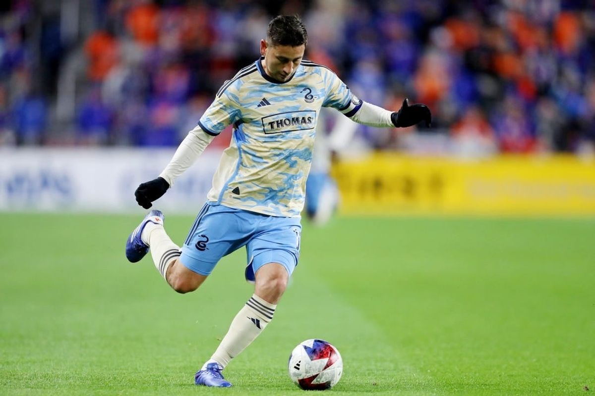 Nov 25, 2023; Cincinnati, Ohio, USA; Philadelphia Union midfielder Alejandro Bedoya (11) kicks the ball against FC Cincinnati during the first half in a MLS Cup Eastern Conference Semifinal match at TQL Stadium.