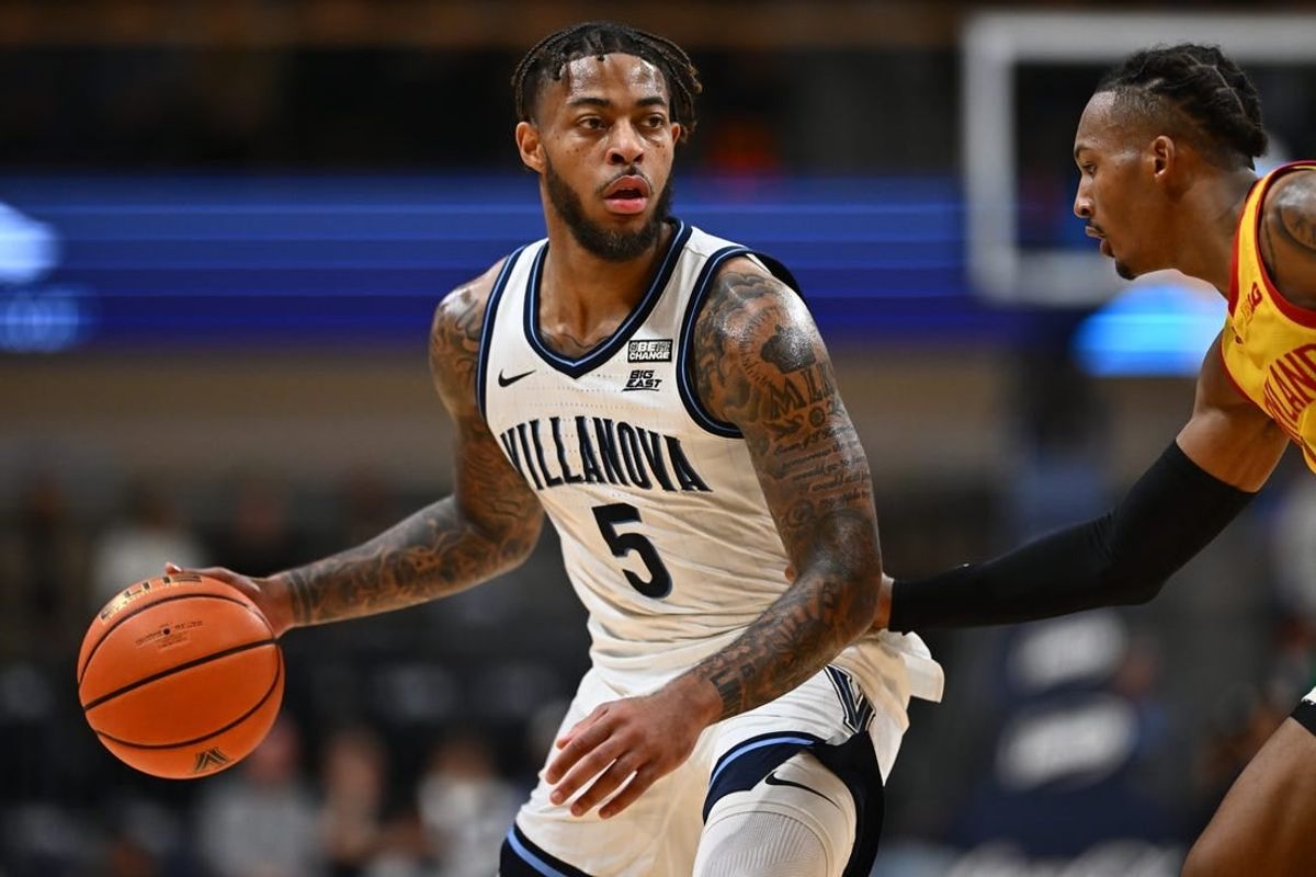 Nov 17, 2023; Villanova, Pennsylvania, USA; Villanova Wildcats guard Justin Moore (5) controls the ball against the Maryland Terrapins in the first half at William B. Finneran Pavilion.